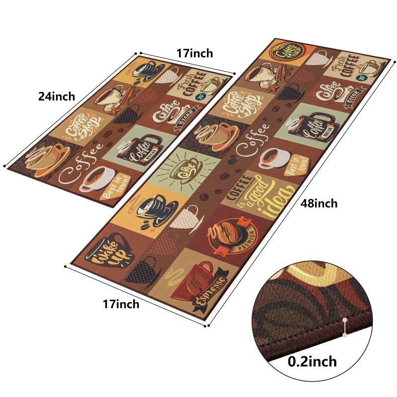 Carvapet 2 Pieces Non-Slip Kitchen Rug TPR Non-Skid Backing Mat for Doorway Bathroom Runner Rug Set, Coffee Design (17"x48"+17"x24") - Image 2